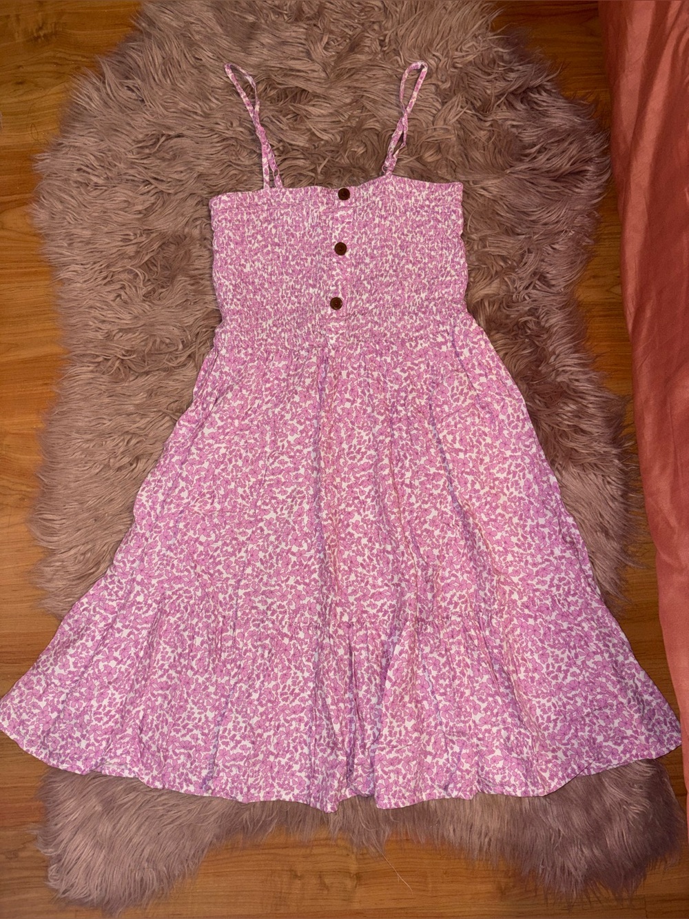 Smocked Pink Floral Midi Sundress with Button Front